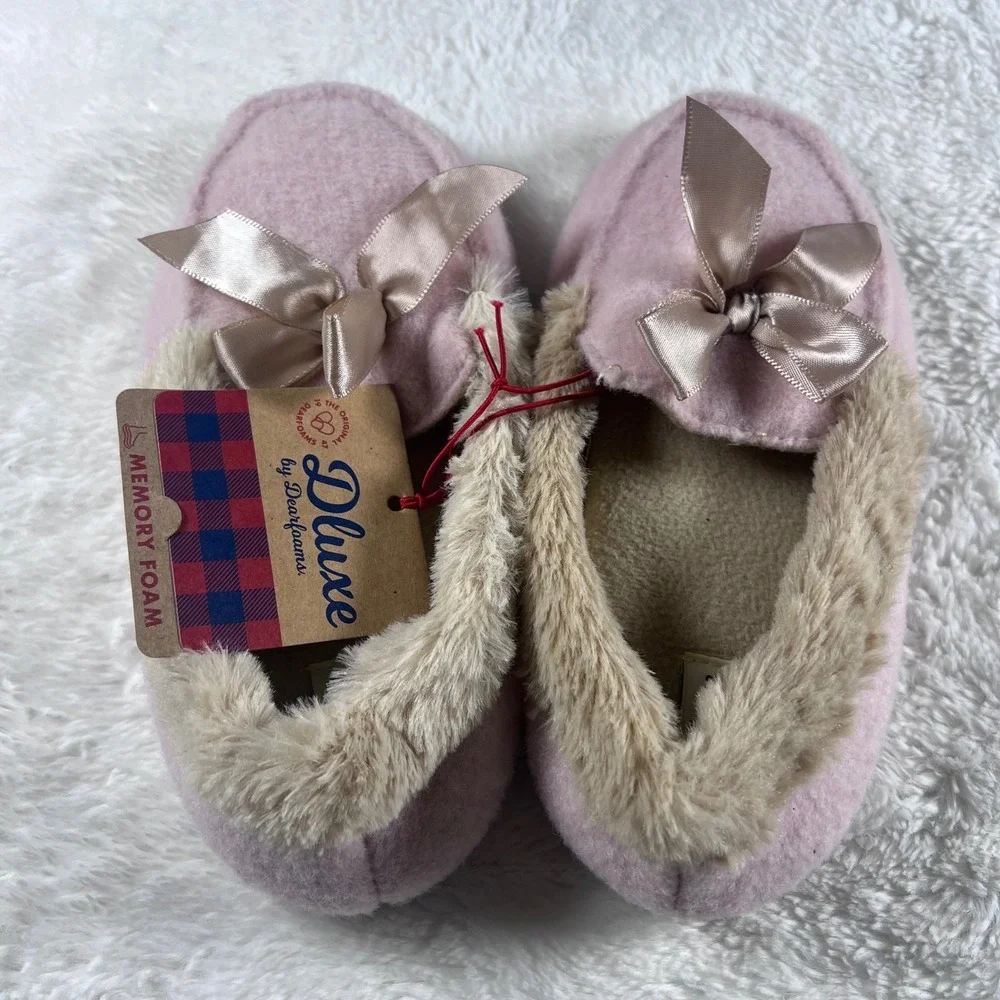 Dearfoams Deluxe Memory Foam Slippers Pink Fuzzy Bow Plush Cozy‎ Kids NWT